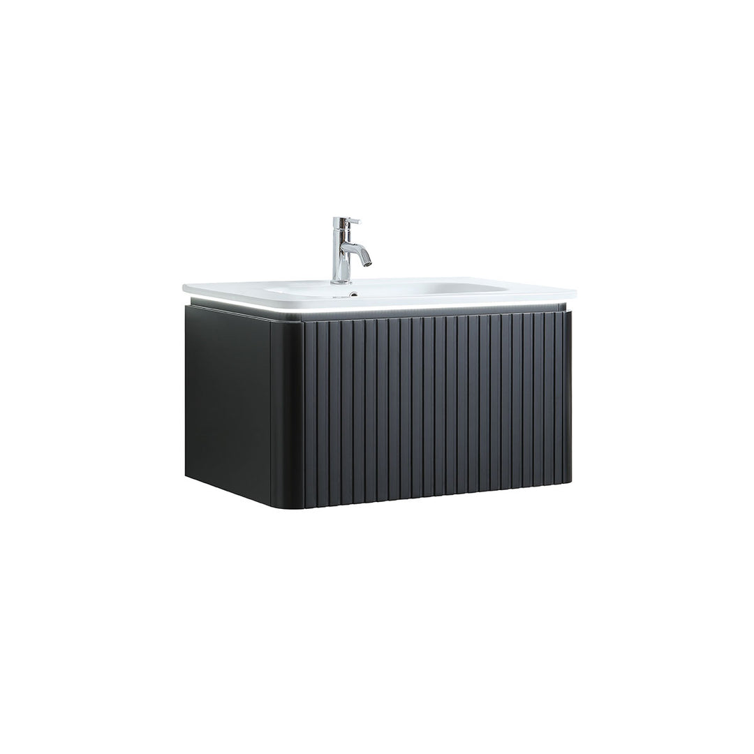 Monaco Matt Black 800mm Fluted Wall Mounted One Drawer Vanity Unit (inc LED Light and Transformer) with Basin