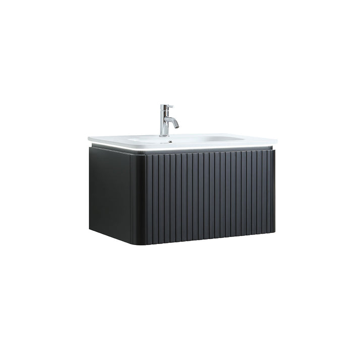 Monaco Matt Black 800mm Fluted Wall Mounted One Drawer Vanity Unit (inc LED Light and Transformer) with Basin