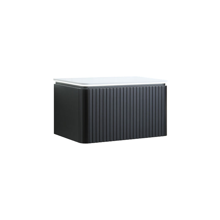 Monaco Matt Black 800mm Fluted Wall Mounted One Drawer Vanity Unit (inc LED Light and Transformer) with Worktop