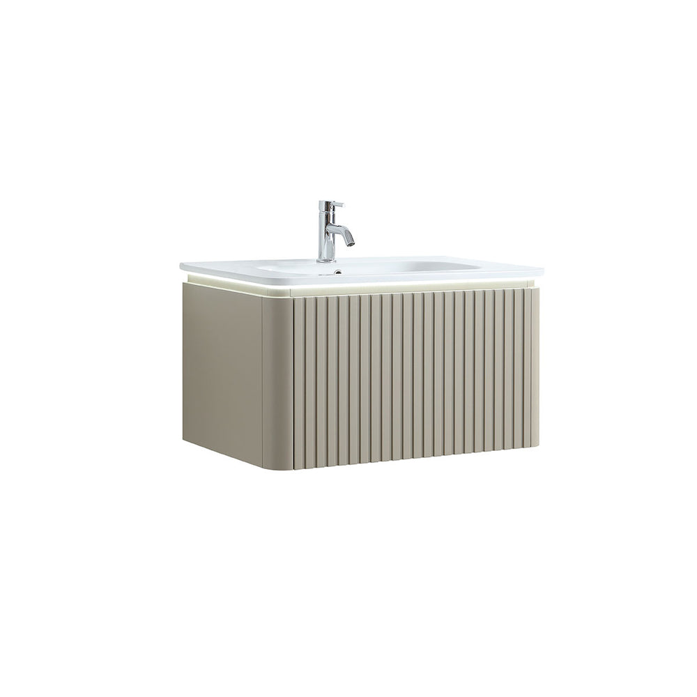 Monaco Matt Sand 800mm Fluted Wall Mounted One Drawer Vanity Unit (inc LED Light and Transformer) with Basin