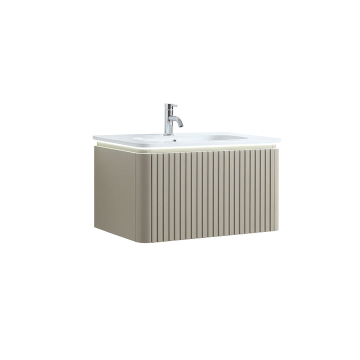 Monaco Matt Sand 800mm Fluted Wall Mounted One Drawer Vanity Unit (inc LED Light and Transformer) with Basin