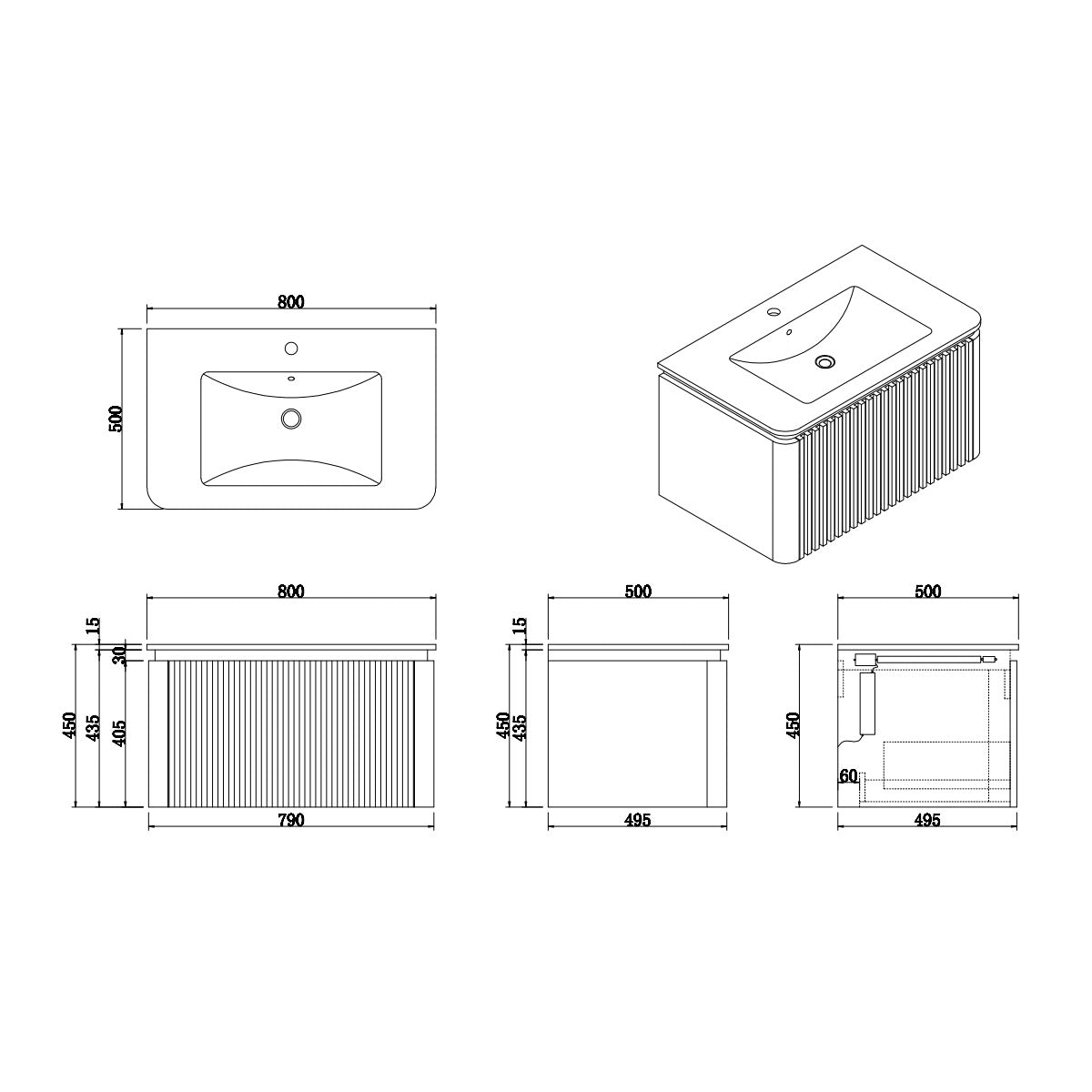Monaco Matt White 800mm Fluted Wall Mounted One Drawer Vanity Unit (inc LED Light and Transformer) with Basin - Technical drawing
