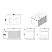 Monaco Matt White 800mm Fluted Wall Mounted One Drawer Vanity Unit (inc LED Light and Transformer) with Basin - Technical drawing
