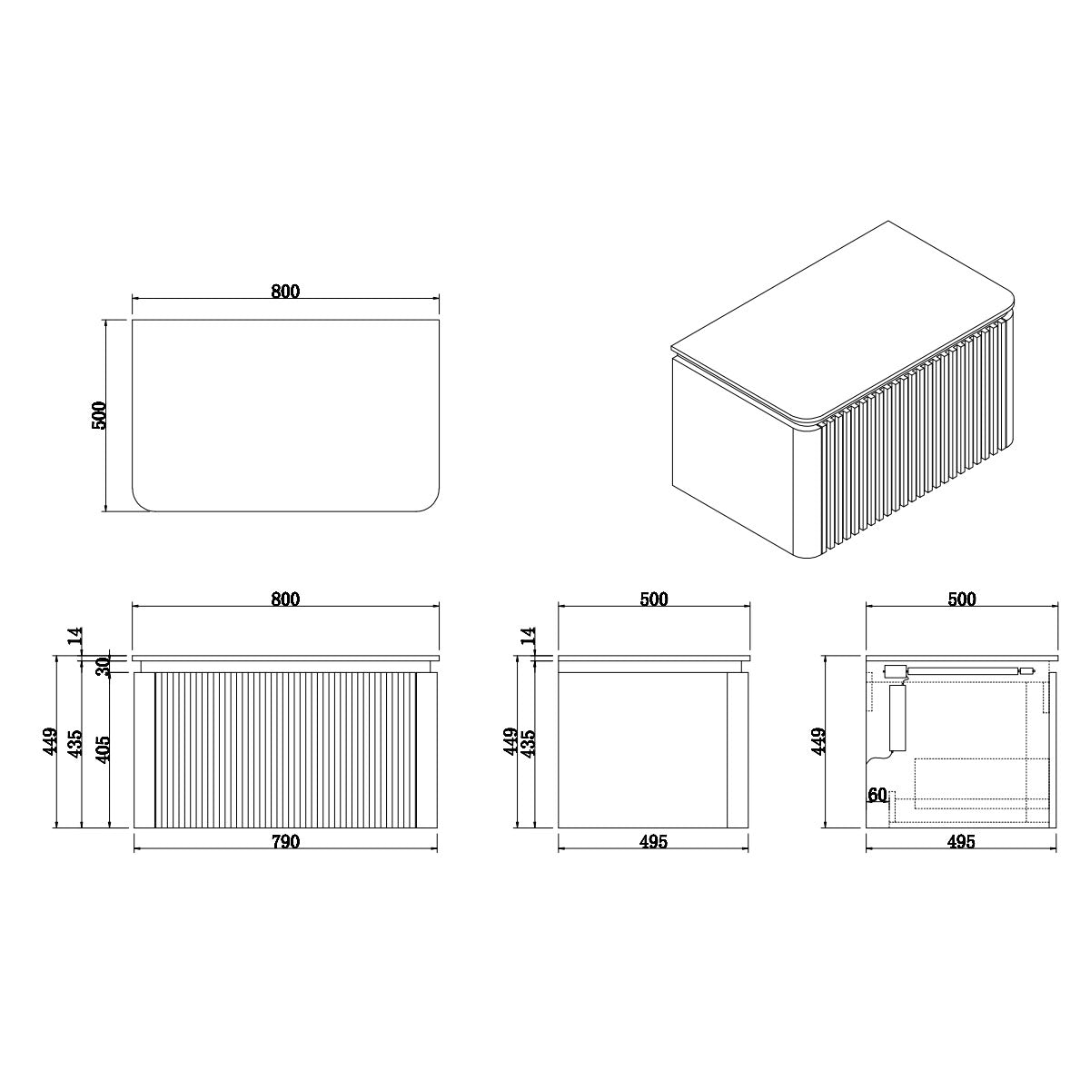 Monaco Matt White 800mm Fluted Wall Mounted One Drawer Vanity Unit (inc LED Light and Transformer) with Worktop - Technical drawing