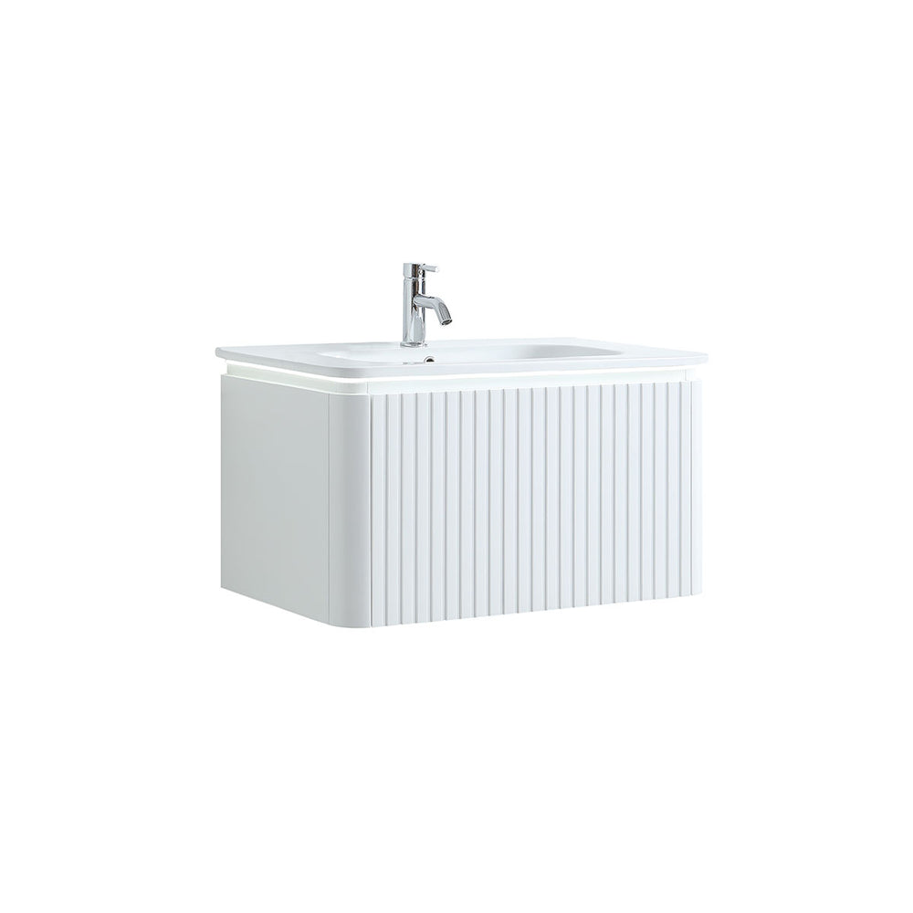 Monaco Matt White 800mm Fluted Wall Mounted One Drawer Vanity Unit (inc LED Light and Transformer) with Basin