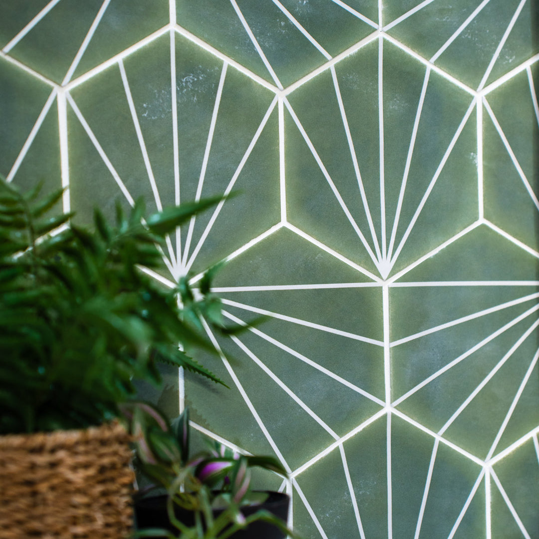 Palm Stripe Green 14 x 16 Porcelain Hexagon Tile - 56.43sqm Pallet