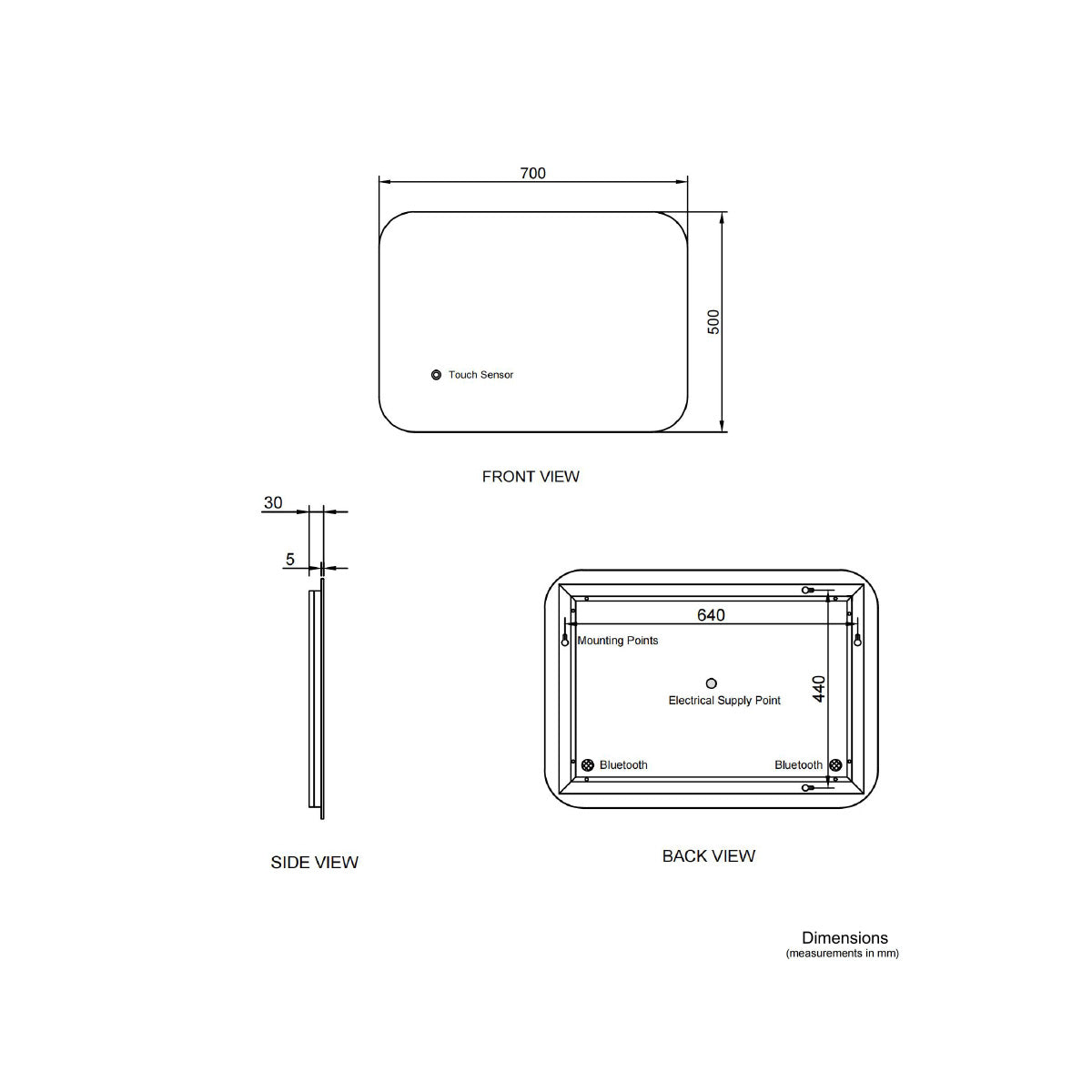 Luca 700 x 500mm Bluetooth LED Mirror with Demister - Technical drawing