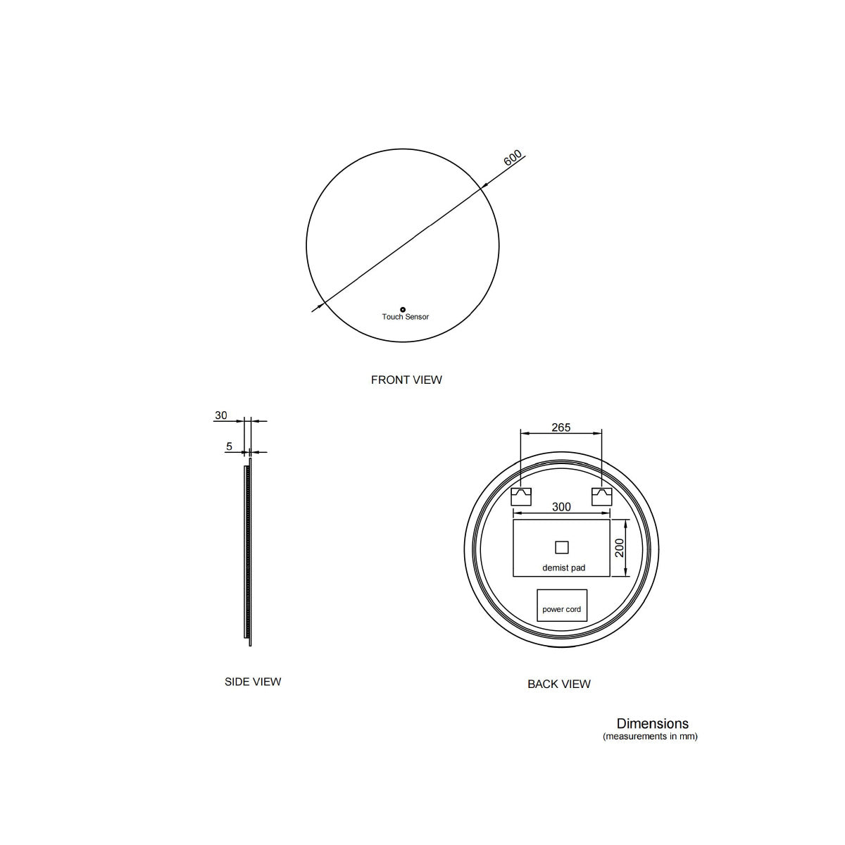 Bella 600mm Round Backlit LED Mirror with Demister - Technical drawing
