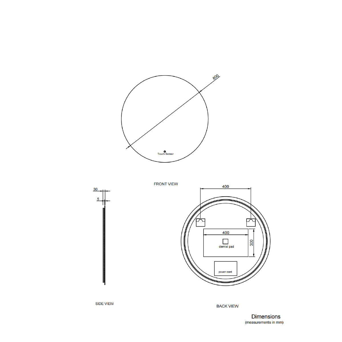Bella 800mm Round Backlit LED Mirror with Demister - Technical drawing
