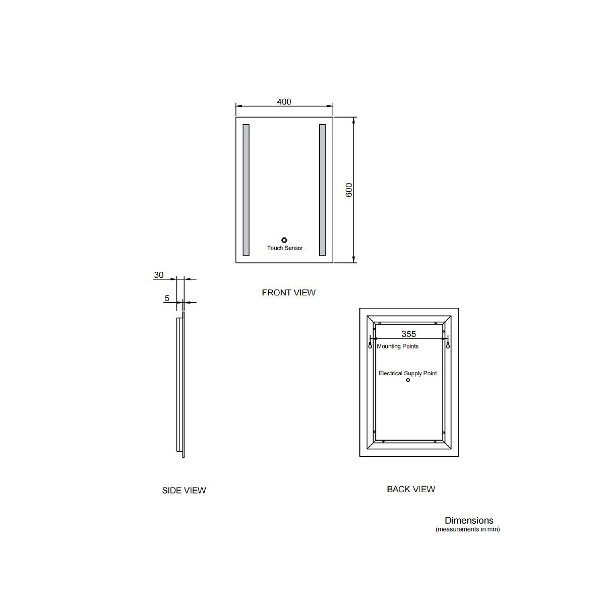 Parallel 600 x 400mm LED Mirror - Technical drawing