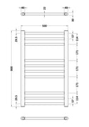 Hudson Reed Lorica Round Straight Towel Radiator 800x500mm - Brushed Brass - Technical drawing
