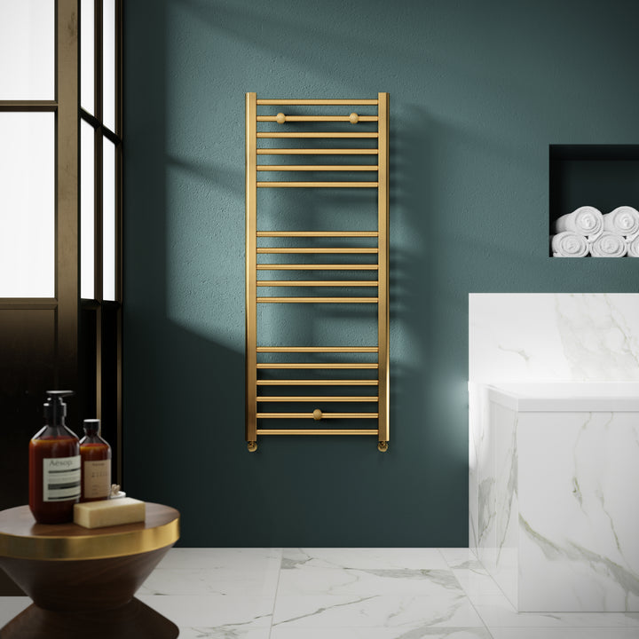 Hudson Reed Lorica Round Straight Towel Radiator 1200x500mm - Brushed Brass