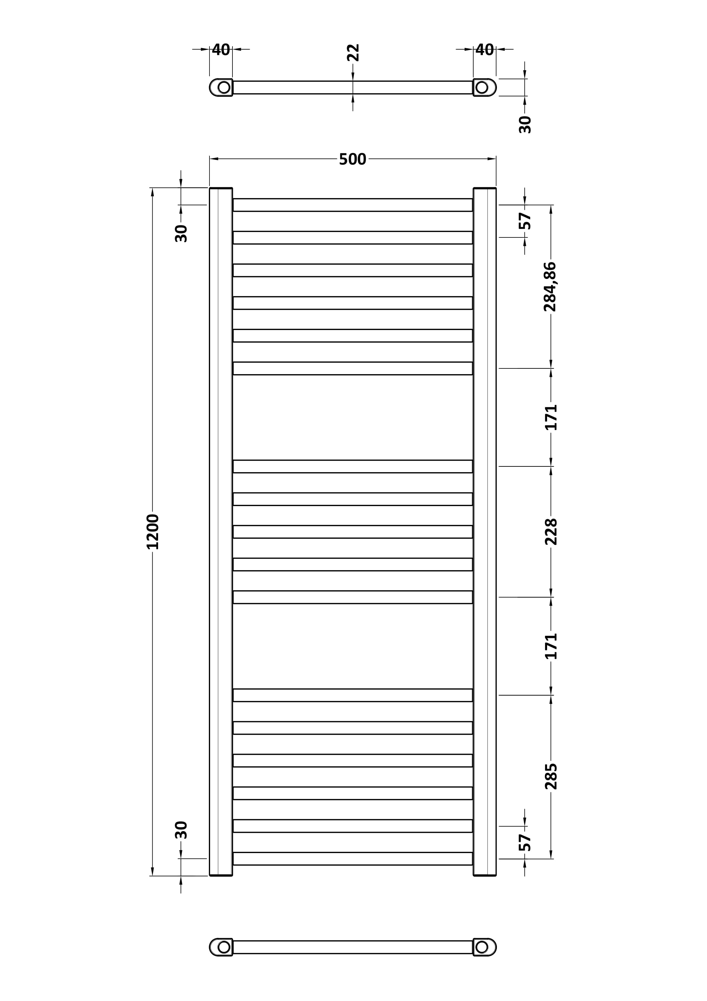Hudson Reed Lorica Round Straight Towel Radiator 1200x500mm - Brushed Brass - Technical drawing
