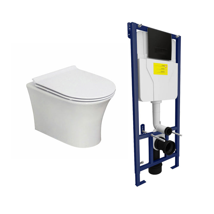 Munich Wall Hung Toilet &amp; SAN85 1.1m Wall Hung WC Frame Deal &amp; Black Flush Plate