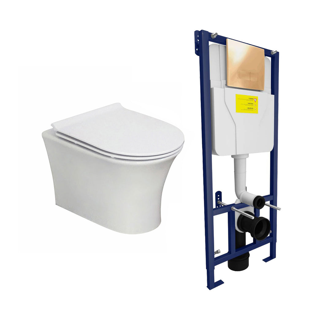 Munich Wall Hung Toilet &amp; SAN85 1.1m Wall Hung WC Frame Deal &amp; Brushed Brass Flush Plate