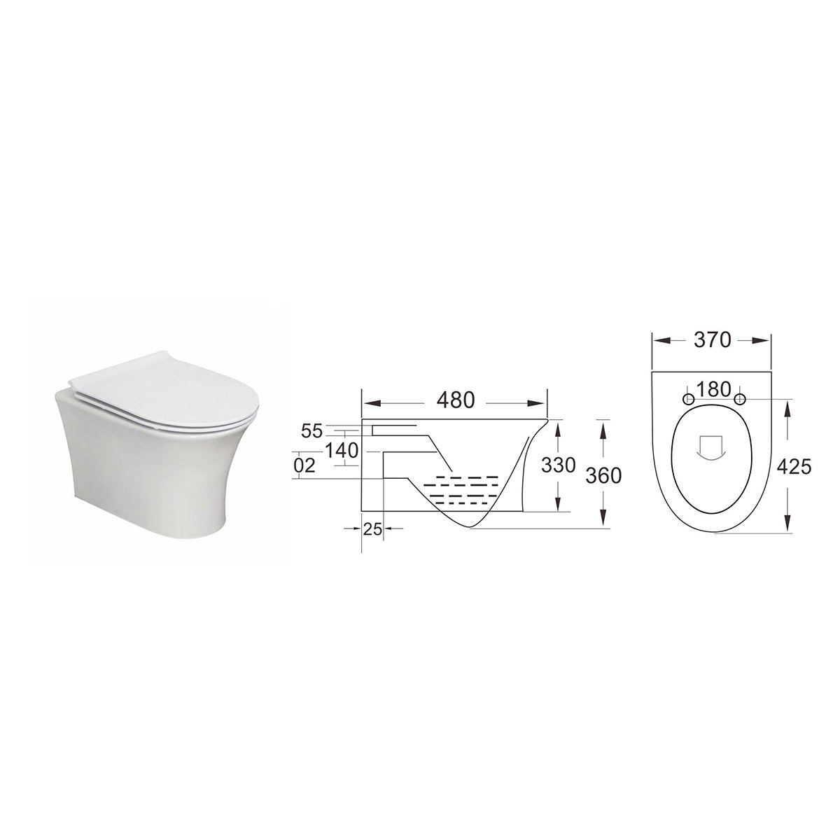 Munich Wall Hung Toilet & SAN85 1.1m Wall Hung WC Frame Deal & Brushed Brass Flush Plate - Technical drawing