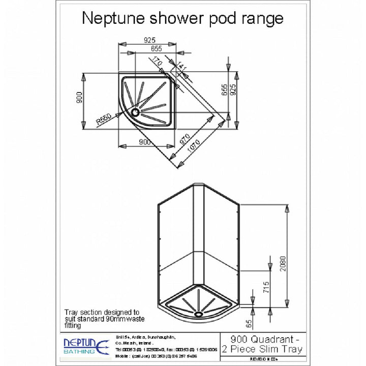 Neptune 900mm Porcelain White Quadrant Leak Free Shower Pod With Double Doors