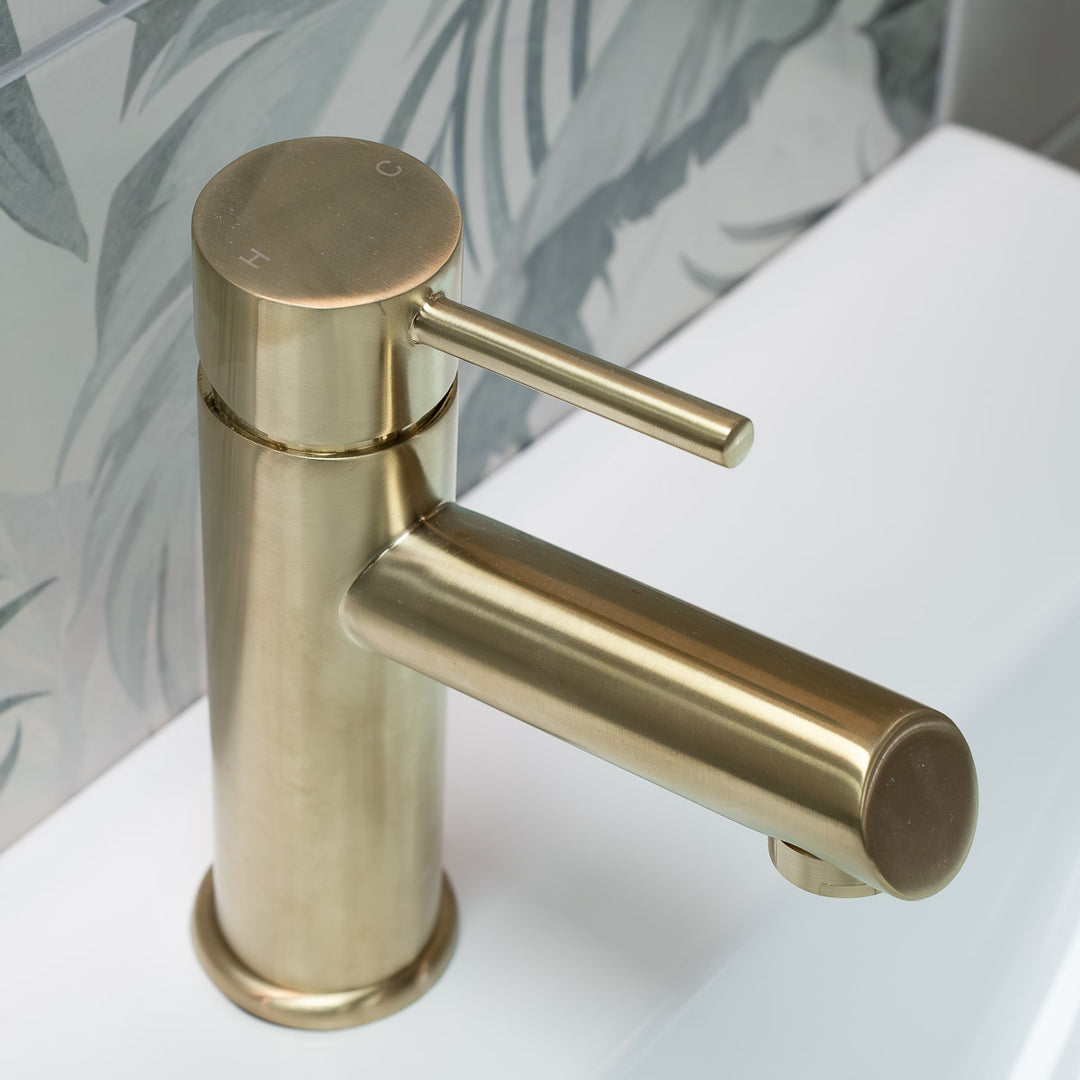 Nuie Navala Basin Mixer with Push Waste - Brushed Brass