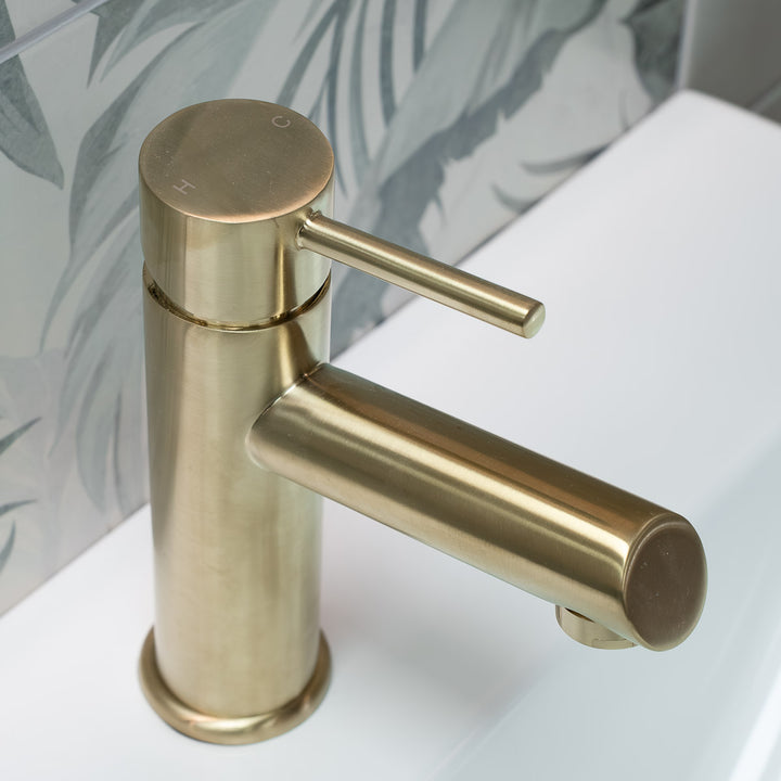 Nuie Navala Basin Mixer with Push Waste - Brushed Brass