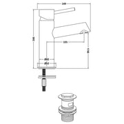 Nuie Navala Basin Mixer with Push Waste - Brushed Brass - Technical drawing
