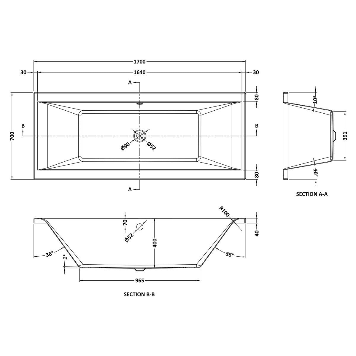 Asselby 1700 x 700mm Double Ended Bath - Technical drawing