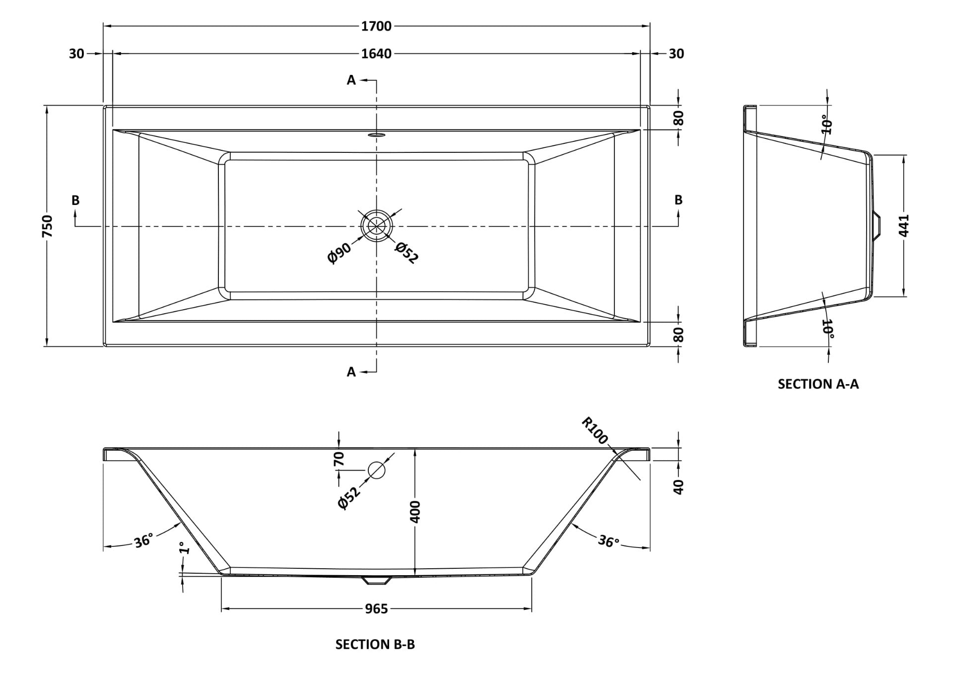 Nuie Square Double Ended Bath 1700x750 - White - Technical drawing