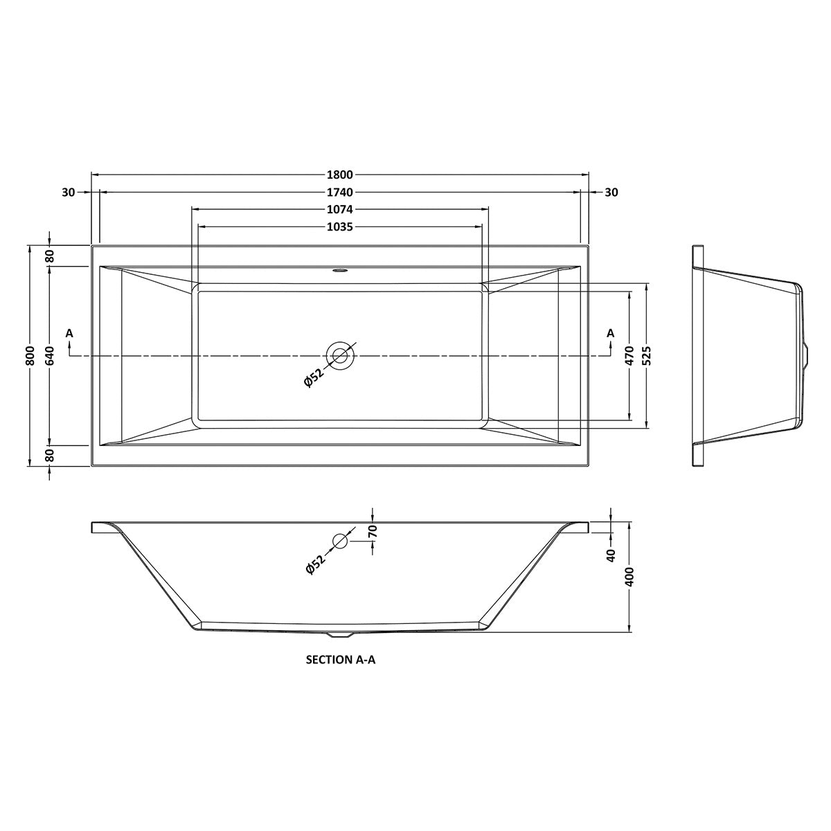 Asselby 1800 x 800mm Double Ended Bath - Technical drawing