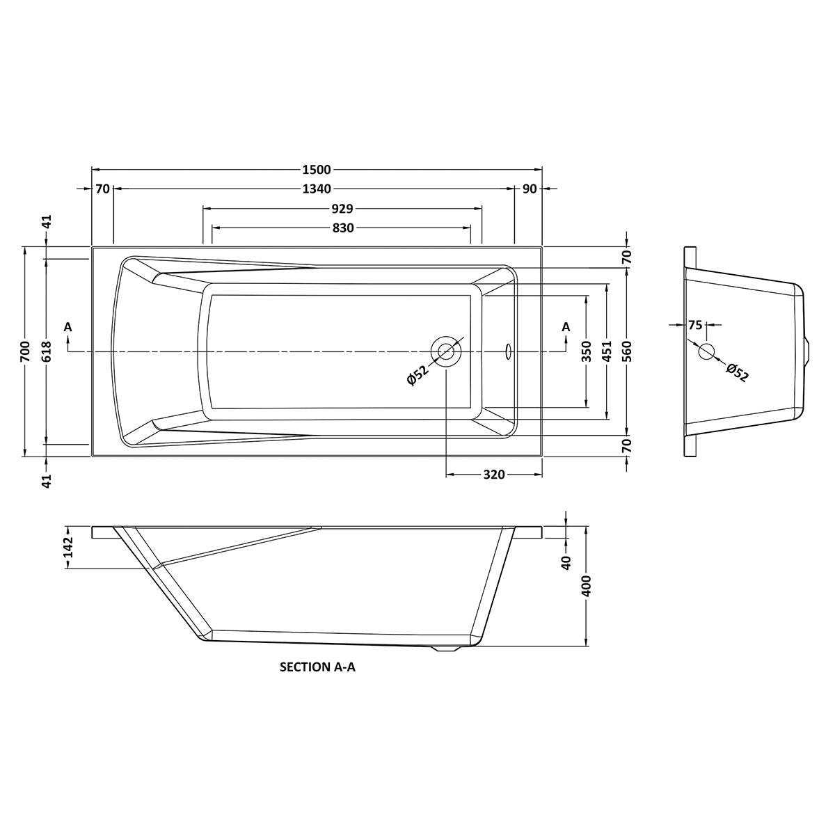 Linton 1500 x 700mm Single Ended Bath - Technical drawing