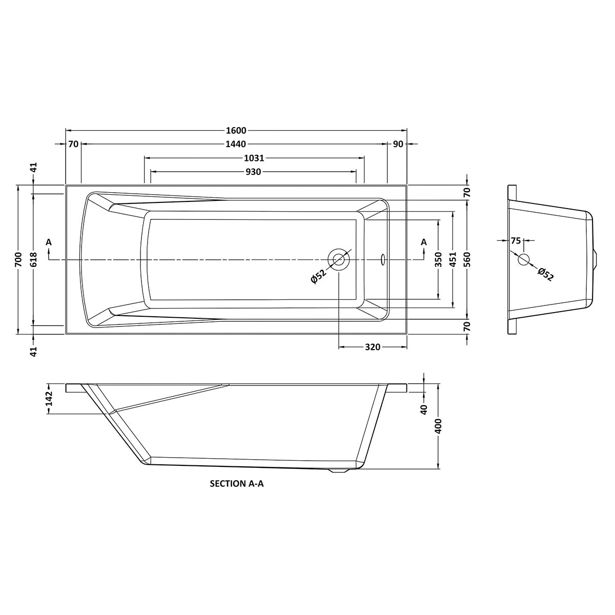 Linton 1600 x 700mm Single Ended Bath - Technical drawing