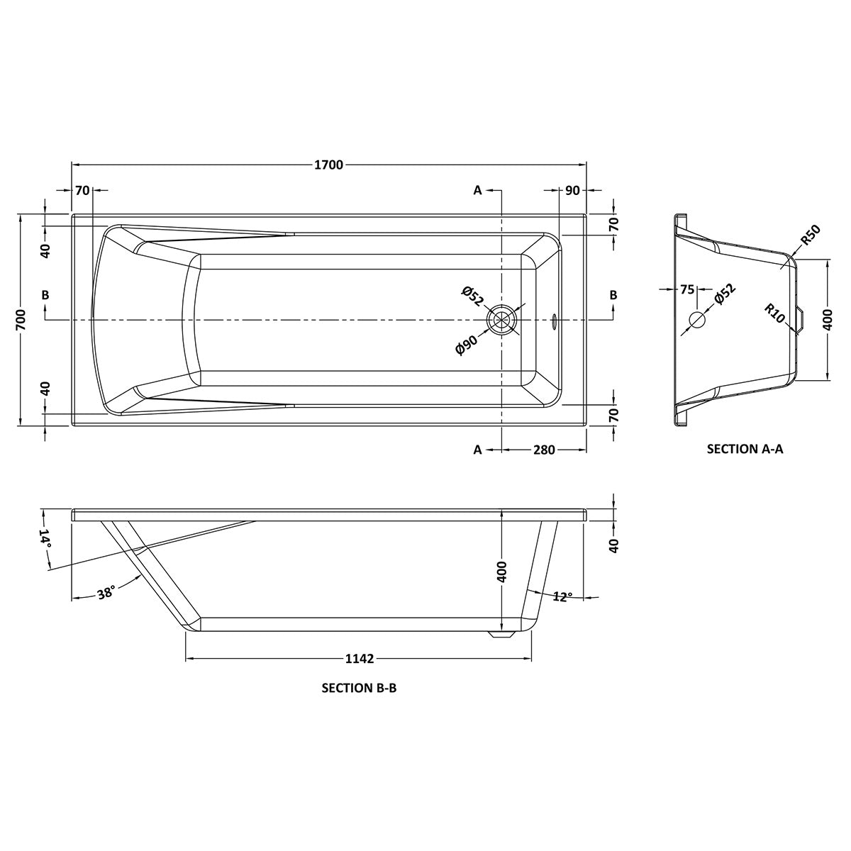Linton 1700 x 700mm Single Ended Bath - Technical drawing