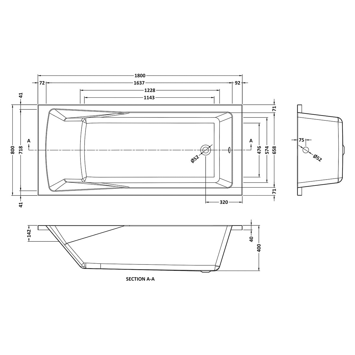 Linton 1800 x 800mm Single Ended Bath - Technical drawing