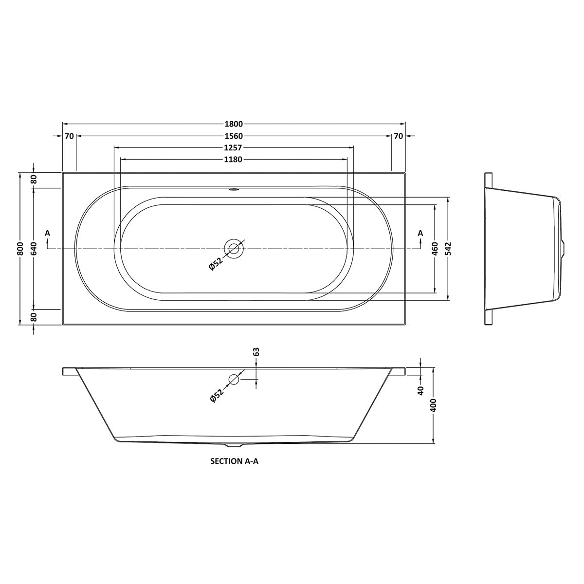 Otley 1800 x 800mm Double Ended Bath - Technical drawing