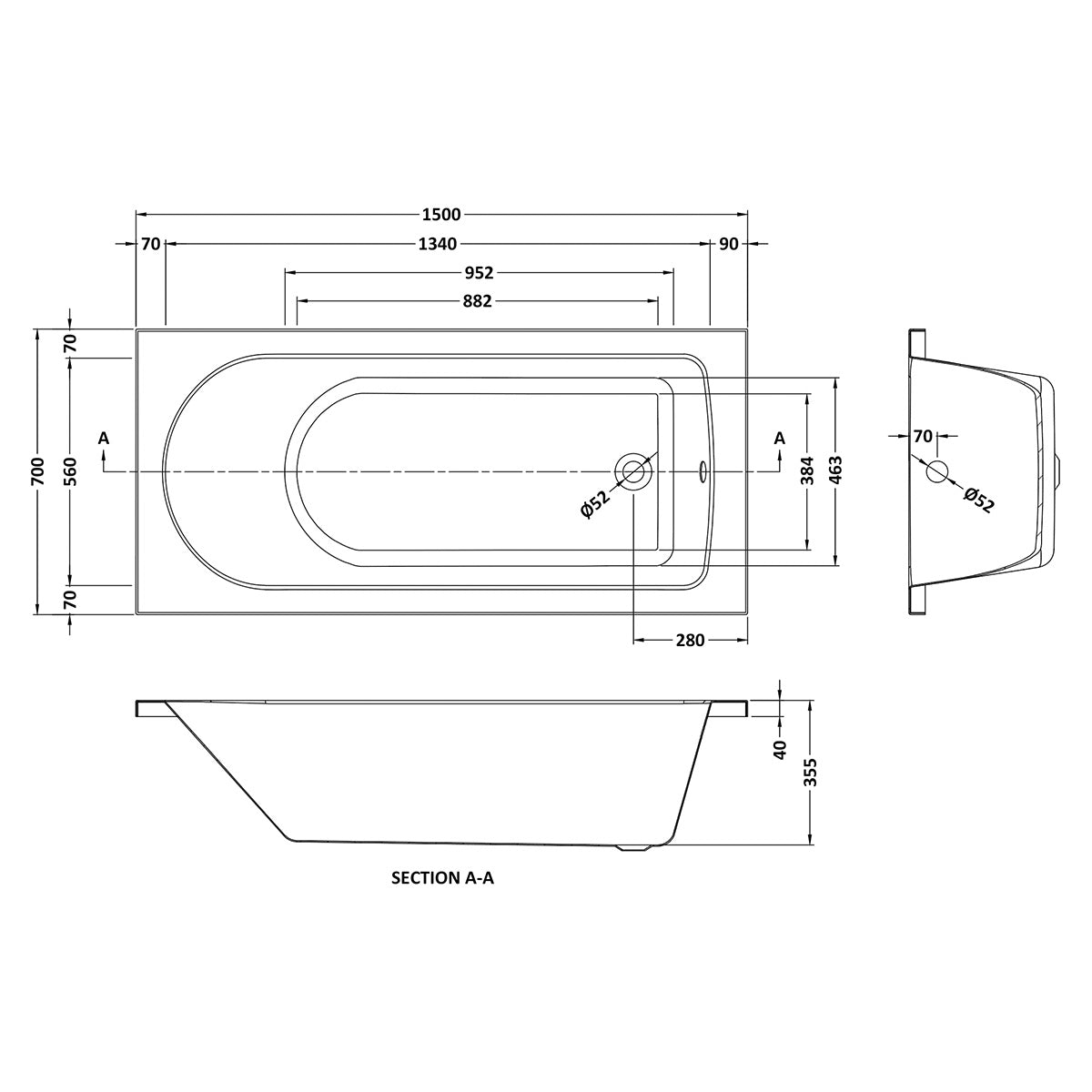 Barmby 1500 x 700mm Single Ended Bath & Feet - Technical drawing