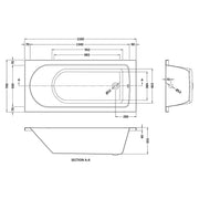 Barmby 1500 x 700mm Single Ended Bath & Feet - Technical drawing