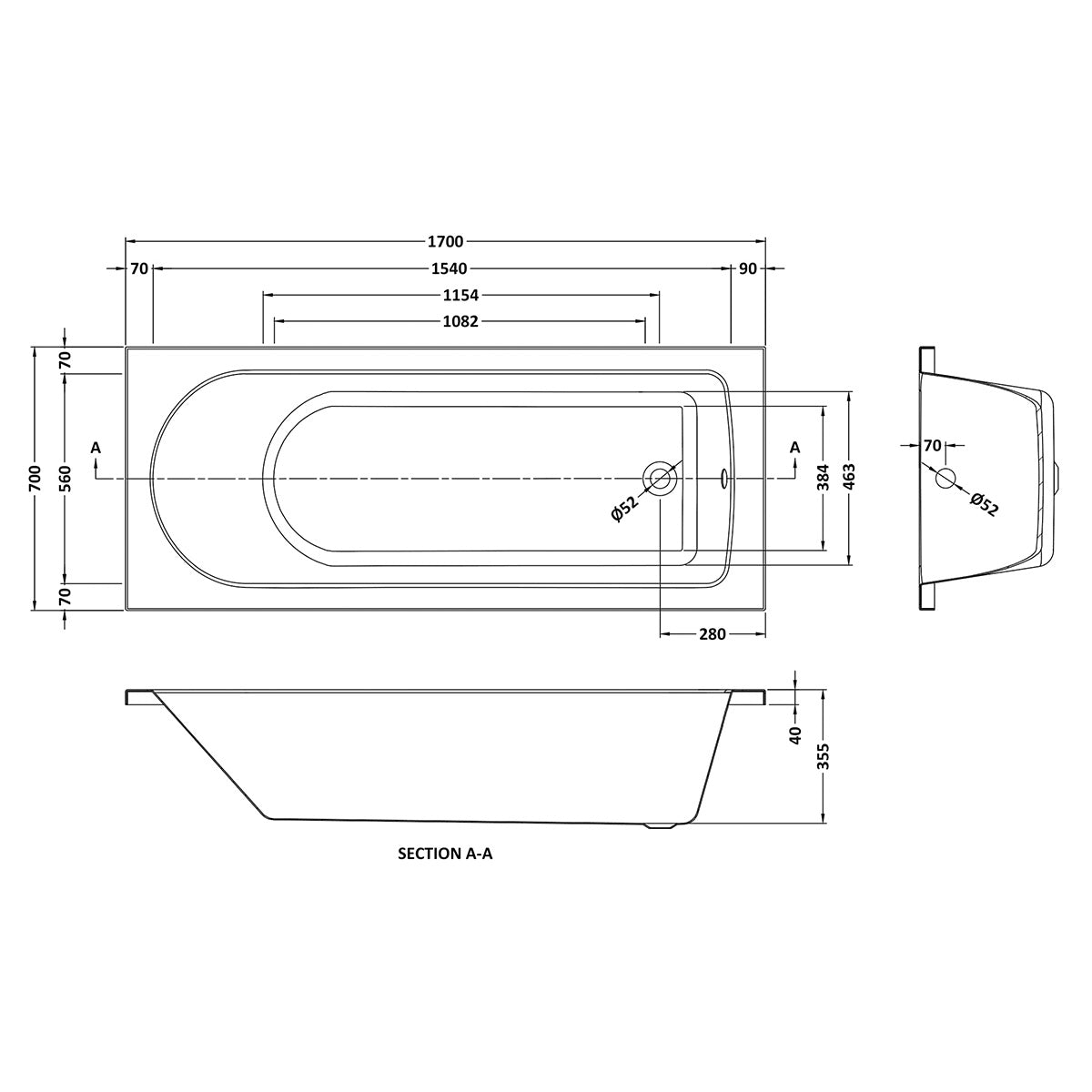 Barmby 1700 x 700mm Single Ended Bath & Feet - Technical drawing