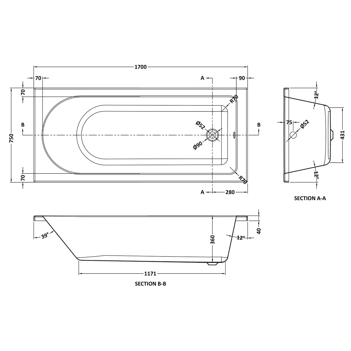 Barmby 1700 x 750mm Single Ended Bath & Feet - Technical drawing