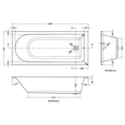 Barmby 1700 x 750mm Single Ended Bath & Feet - Technical drawing