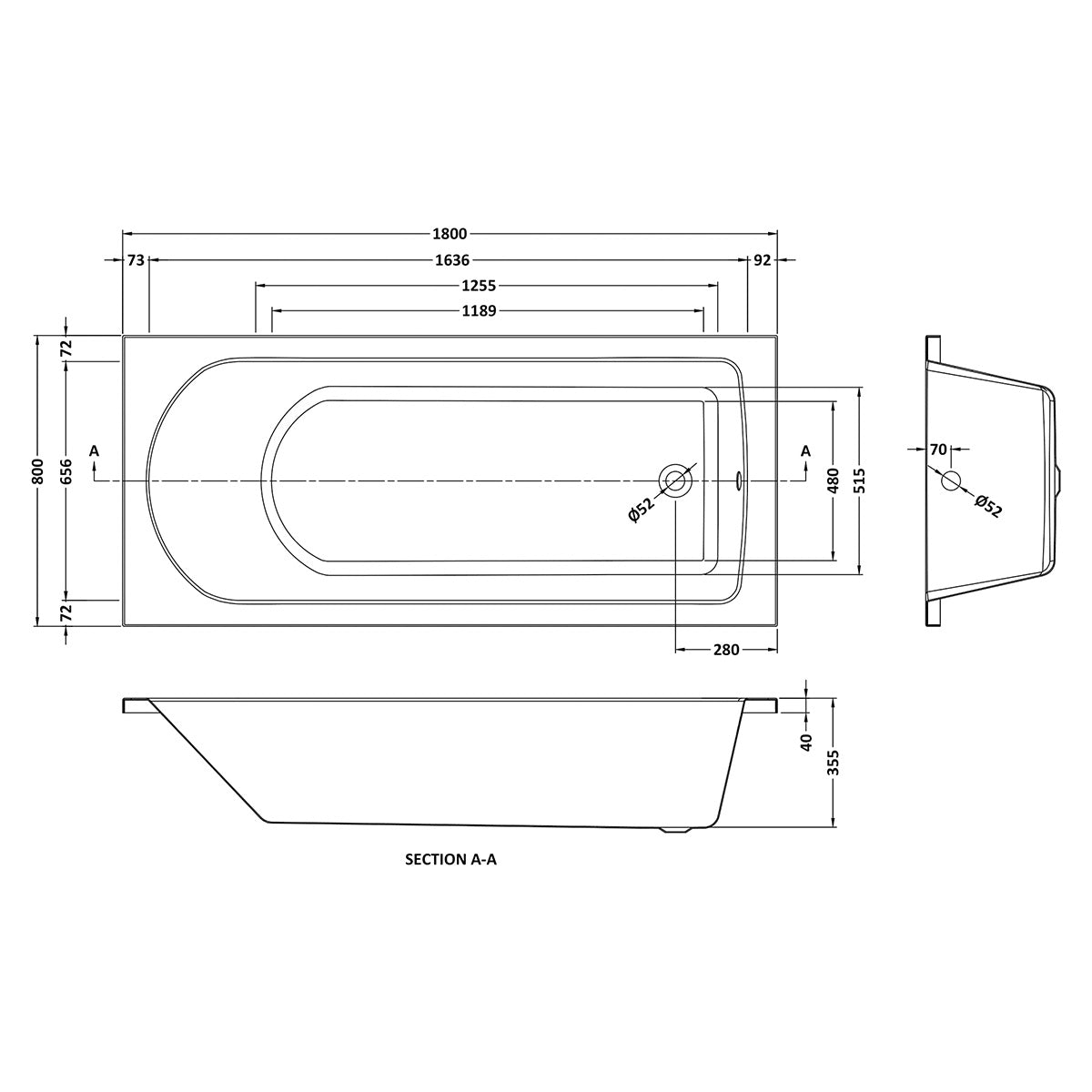 Barmby 1800 x 800mm Single Ended Bath & Feet - Technical drawing