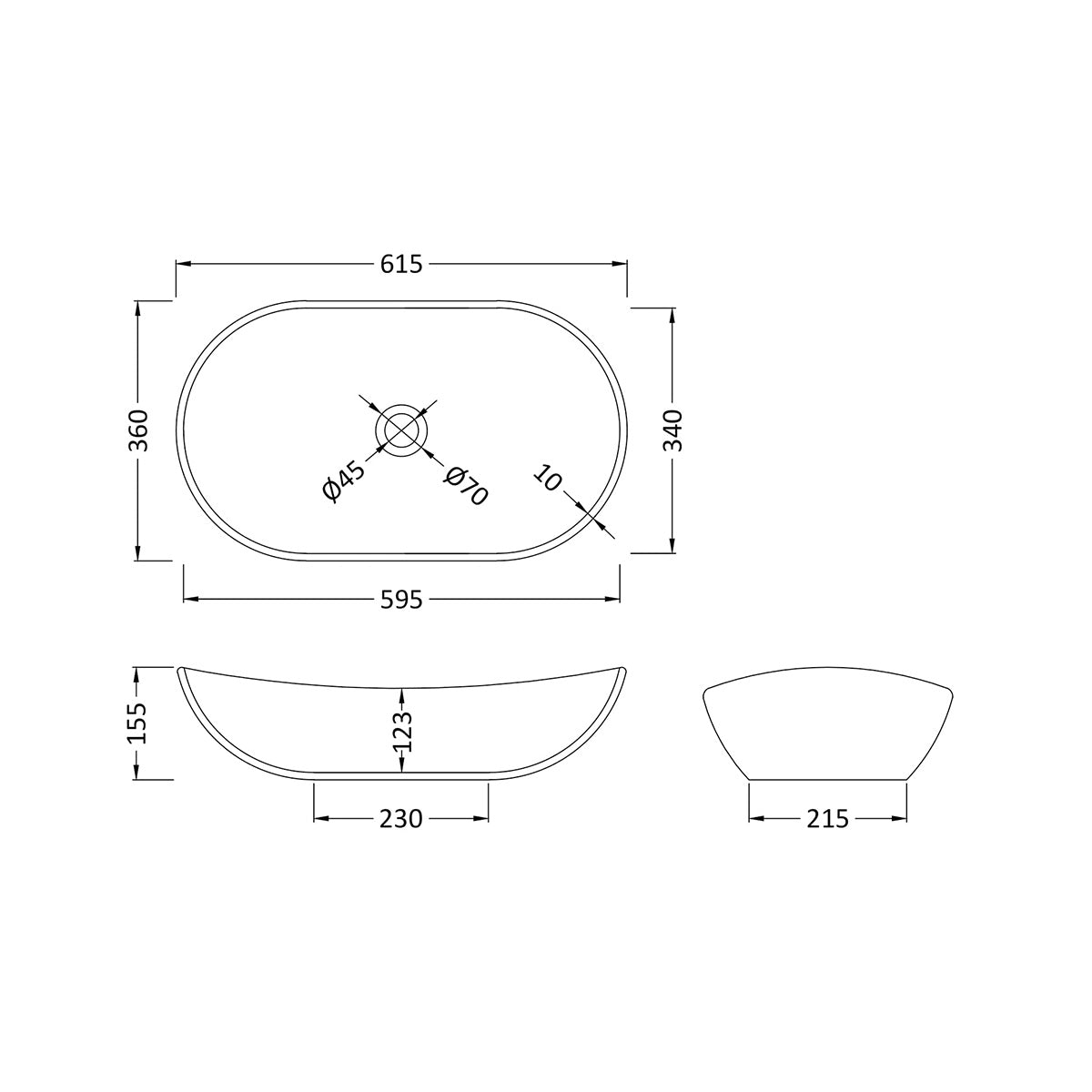 Hudson Reed 615mm Basin Vessel - White - Technical drawing