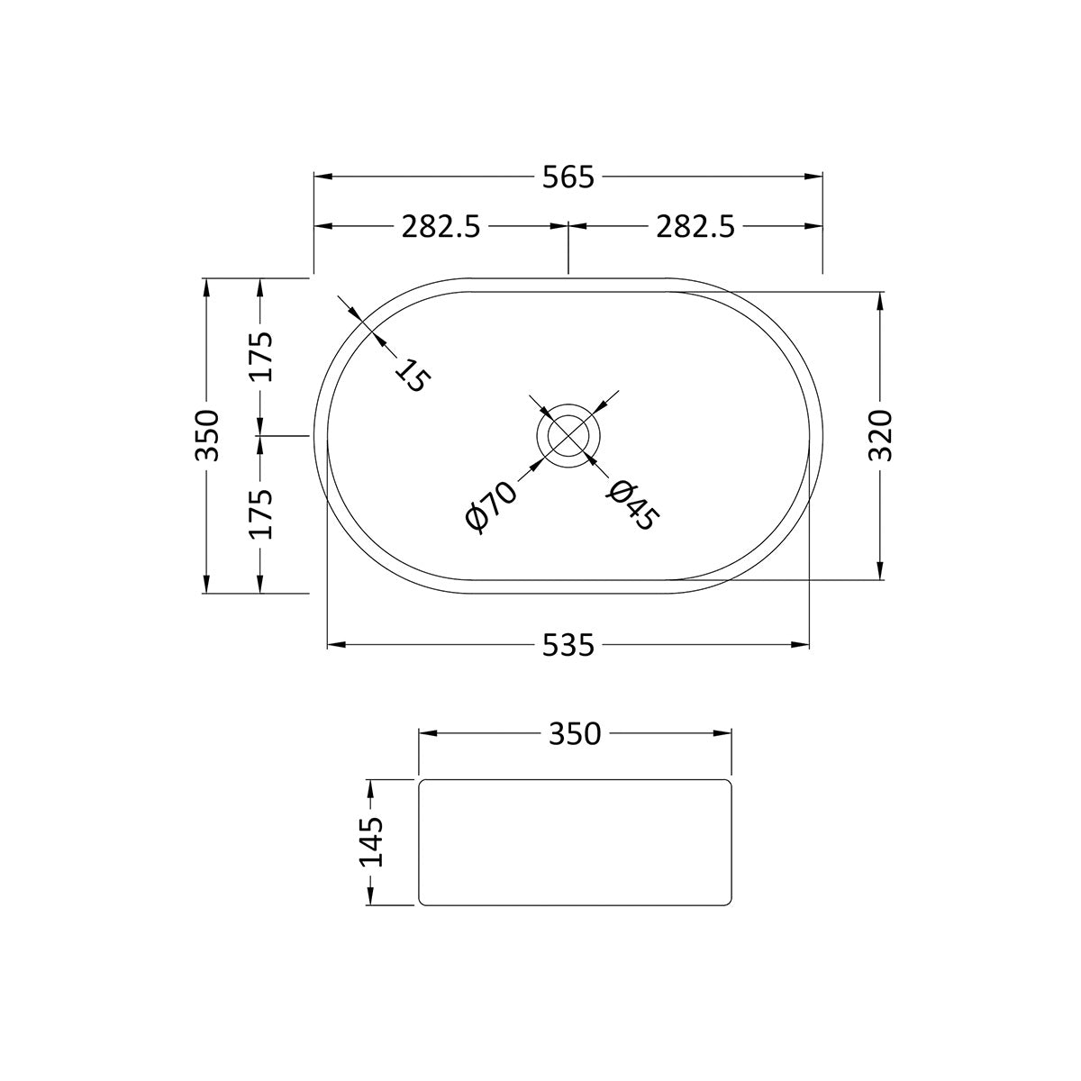 Nuie 350 x 565mm Oval Counter Top Basin - Technical drawing