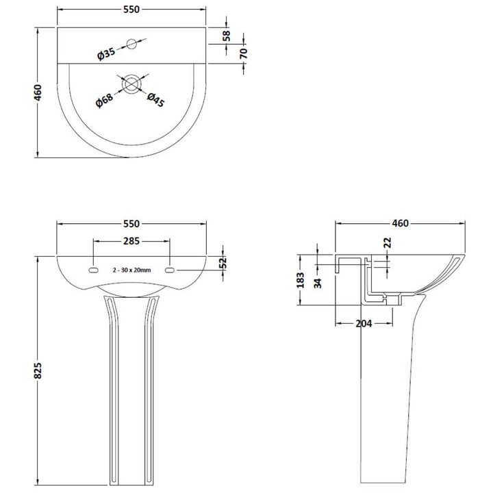 Nuie Freya 550mm Basin &amp; Full Pedestal