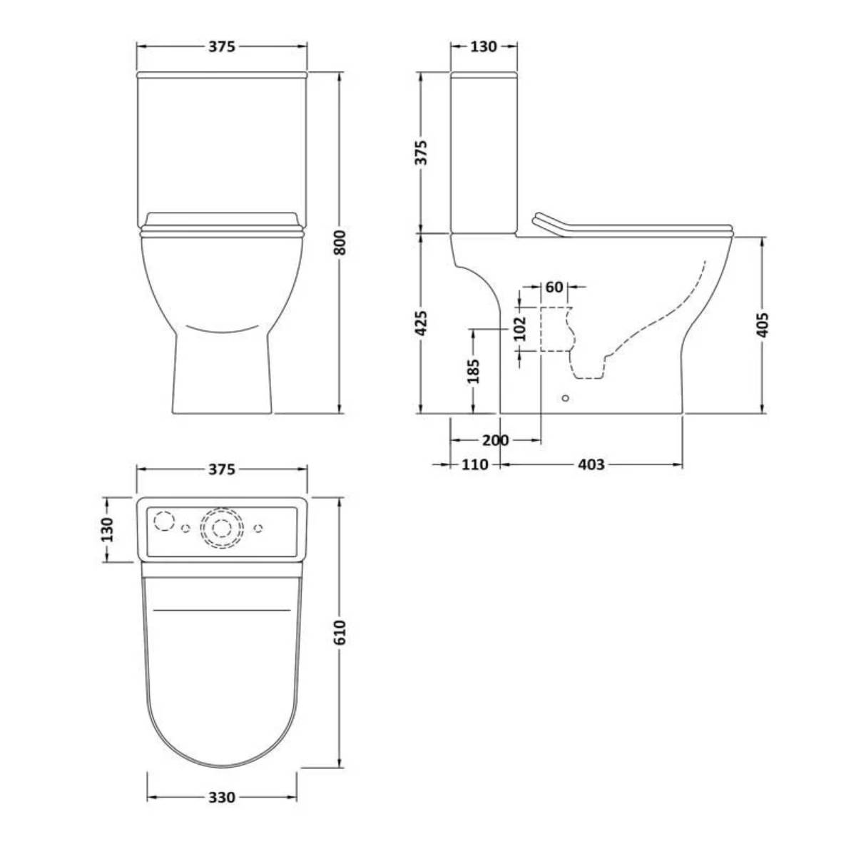Nuie Freya Rimless Close Coupled Toilet & Soft Close Seat - Technical drawing