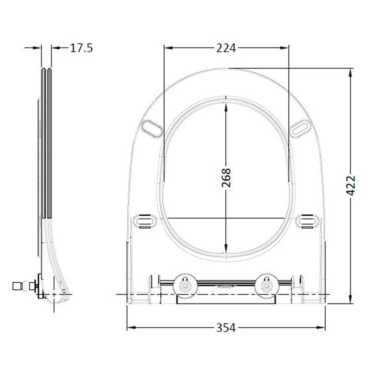 Nuie Round Sandwich Short D Shaped Toilet Seat - Technical drawing