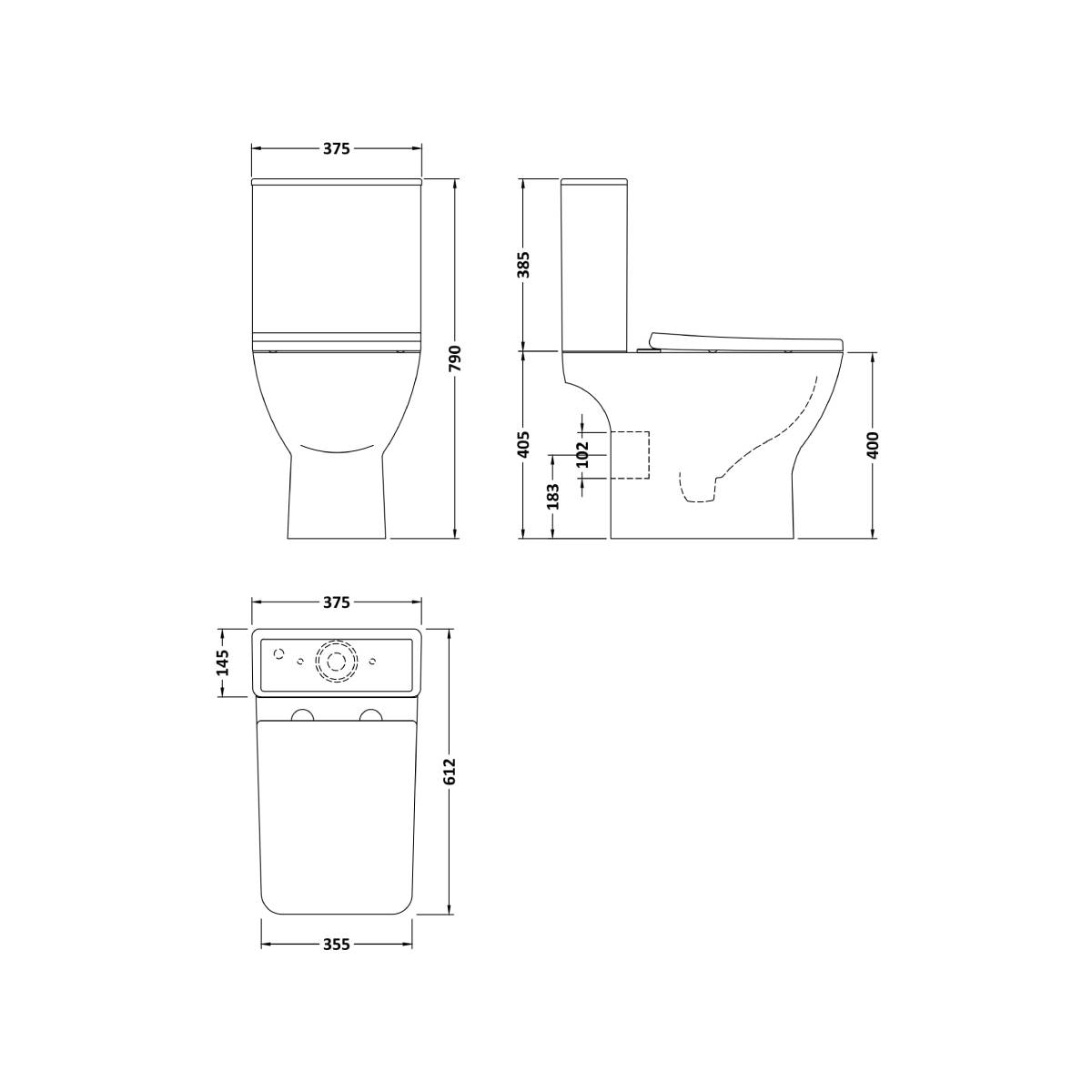 Nuie Ava Rimless Close Coupled Toilet & Soft Close Seat - Technical drawing