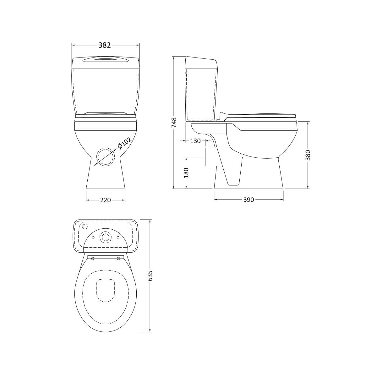 Nuie Melbourne Close Coupled Toilet & Standard Toilet Seat - Technical drawing