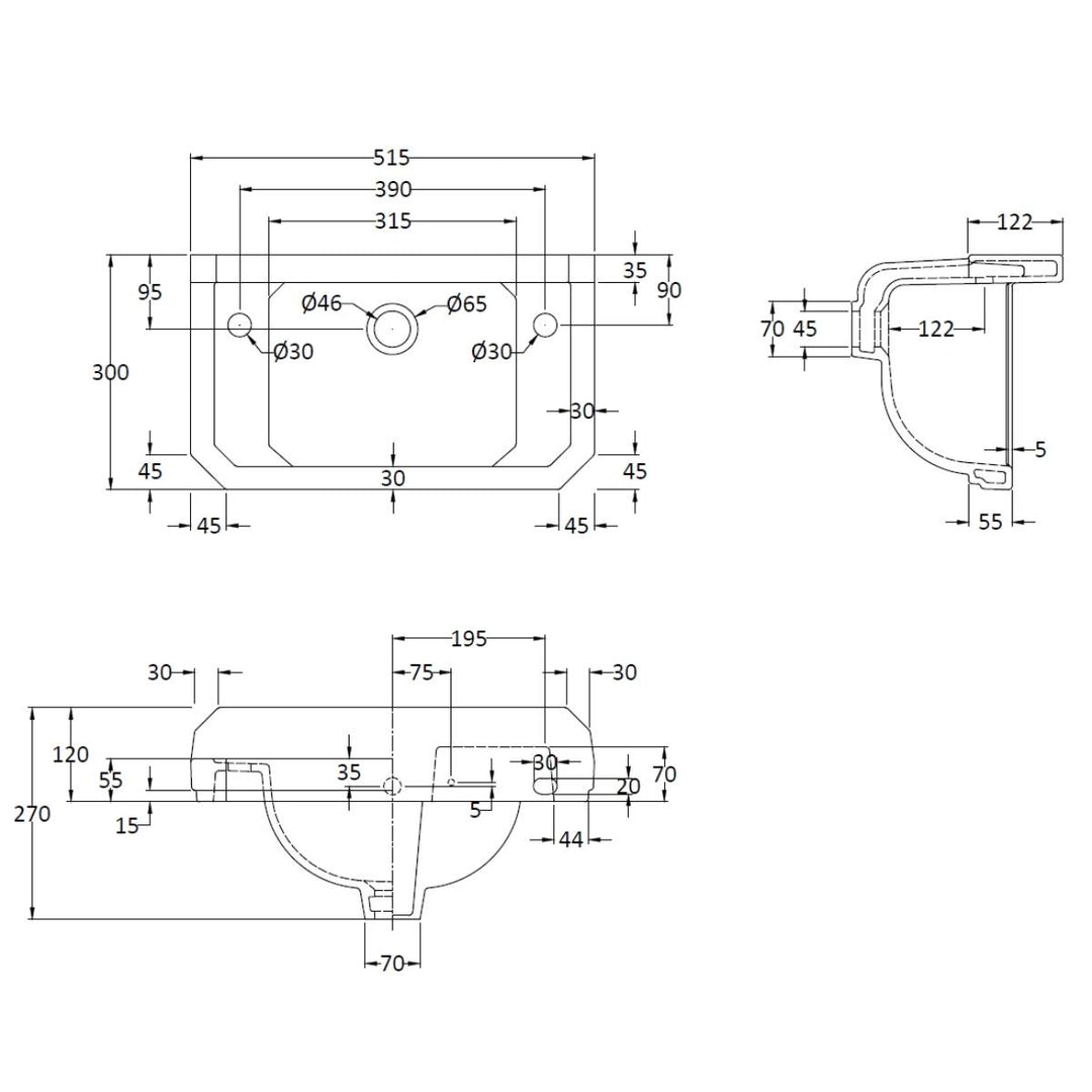 Richmond 515mm Cloakroom 2 Tap Hole Basin