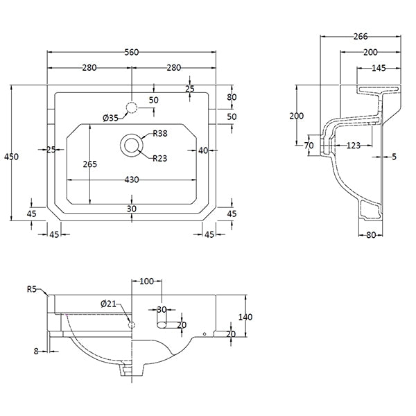 Richmond 560mm 1 Tap Hole Wall Hung Basin