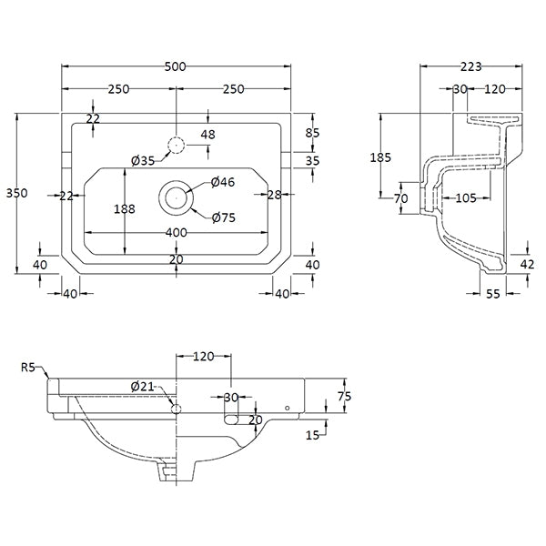 Richmond 500mm 1 Tap Hole Wall Hung Basin