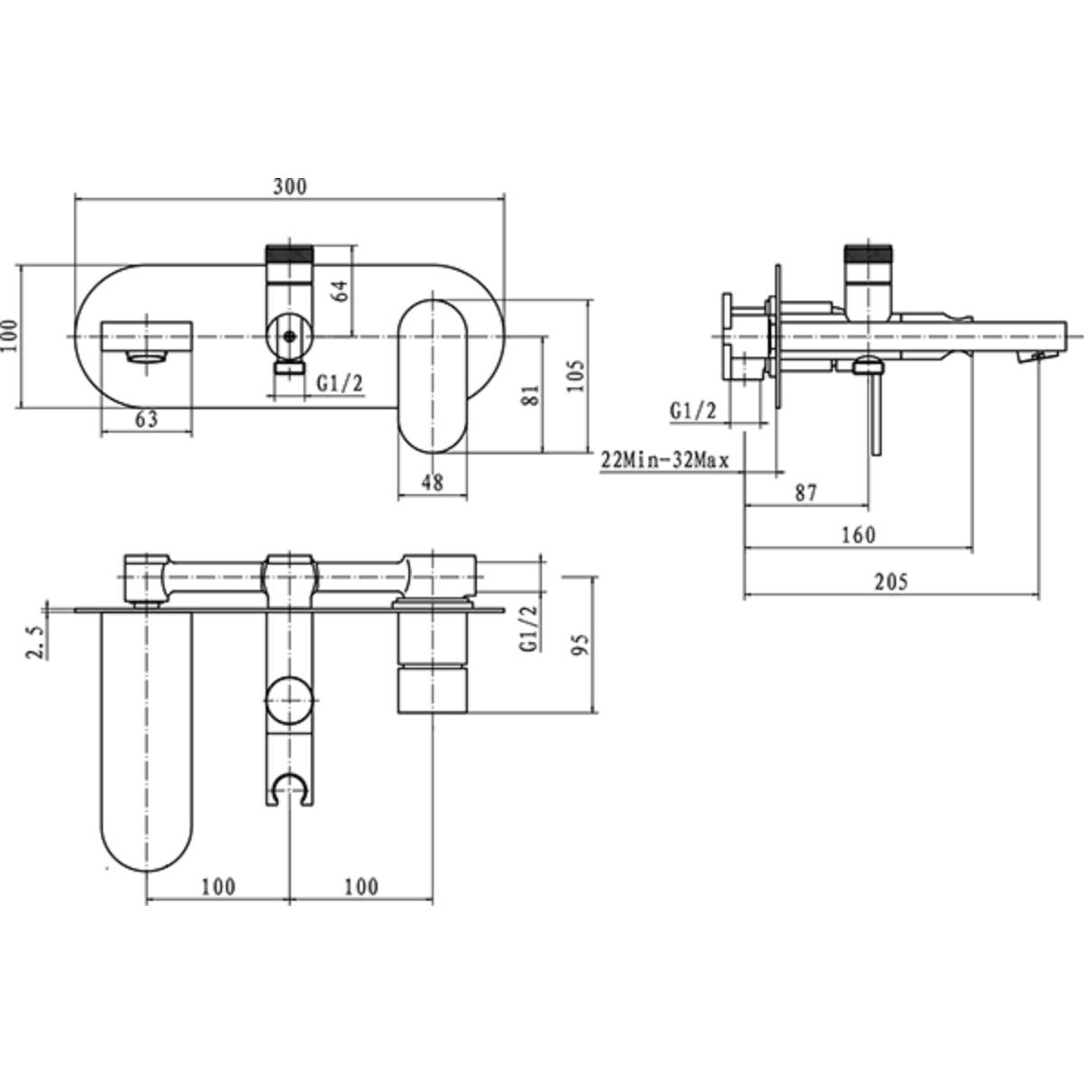 Eliseo Ricci Neo Wall Mounted Bath Shower Mixer - Technical drawing