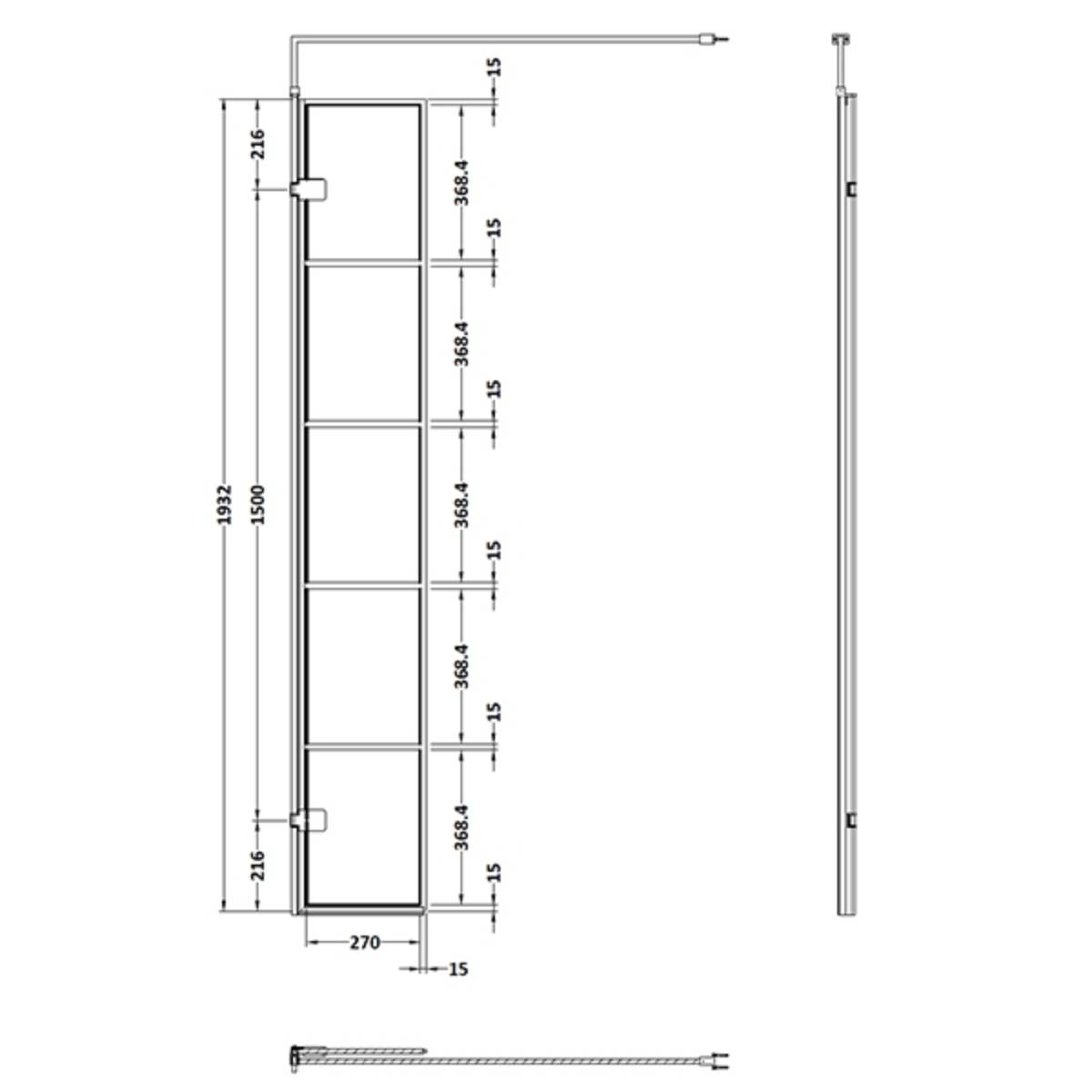 Hudson Reed 300mm Wetroom Swing Screen - Matt Black WRSF030H - Technical drawing